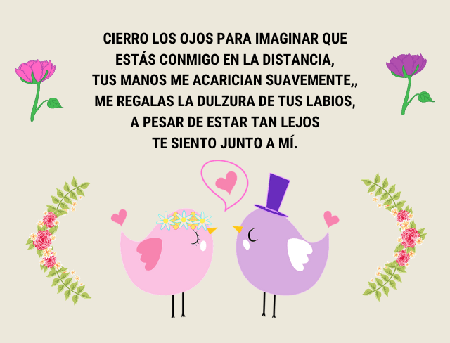 Cierro los ojos para imaginar que estás conmigo en la distancia, Tus manos me acarician suavemente,, Me regalas la dulzura de tus labios, A pesar de estar tan lejos te siento junto a mí.